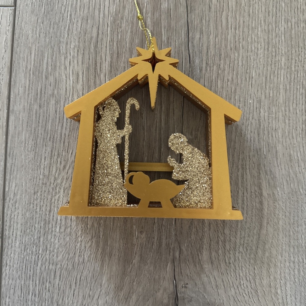 Christmas Ornament Gold Glitter Nativity Manger Star Mary Joseph Baby‎ Jesus
